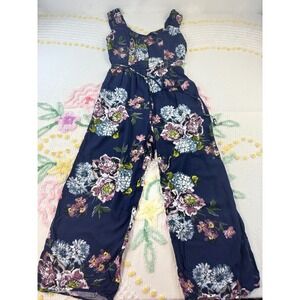 Bohemian Collective Navy Floral Wide Leg Jumpsuit Smocked Bodice Belted Size S